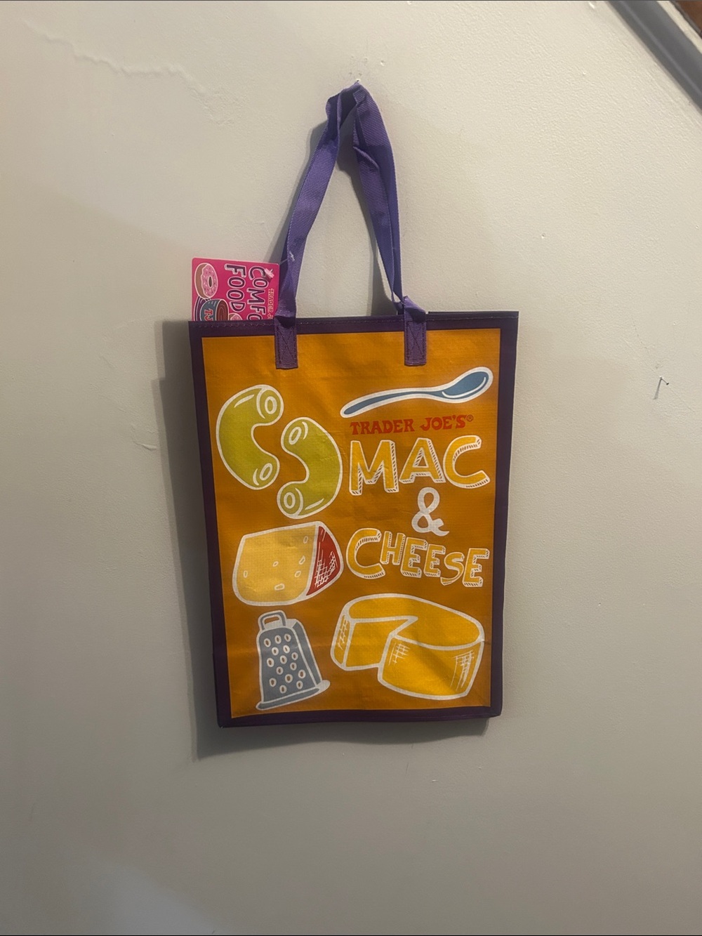 Trader Joe's Mac & Cheese Reusable Tote Bag - Orange with Purple Trim